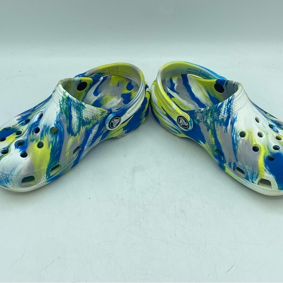 CROCS Classic Clog Youth Size C 12 Marbled Tie Dye Blue Yellow + Super Sonic - Picture 11 of 12